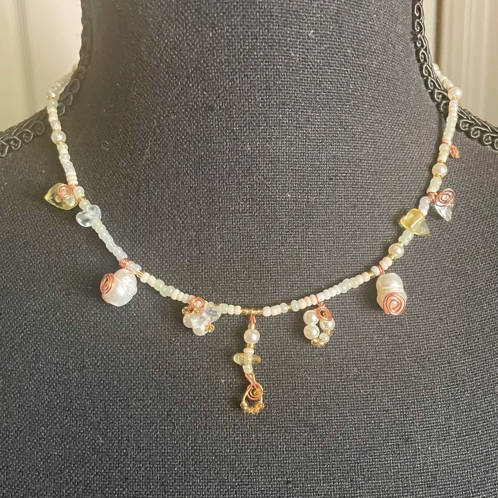 Delicate Cream Beaded Pearl and quarts crystal and citrine Charm Necklace